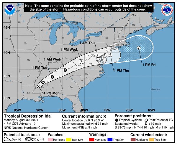 Tropical Depression Ida Projected Path 20210831