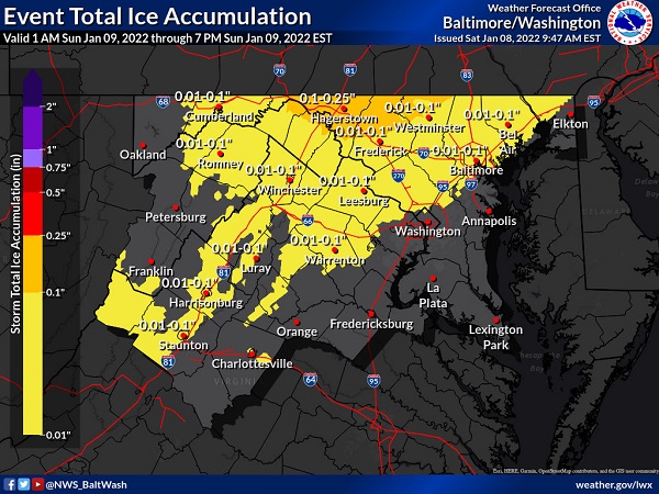 NWS Baltimore Ice Accumulation Forecast 20220108