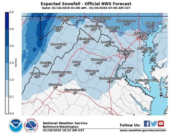 NWS Updated Snowfall Forecast Maryland 20200118