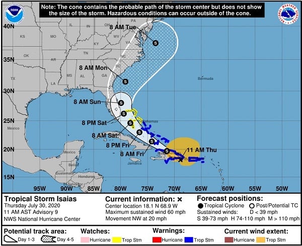 Tropical Storm Isaias Projected Path 20200730