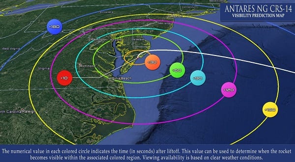 Antares Rocket Launch Visibility Map 20201001