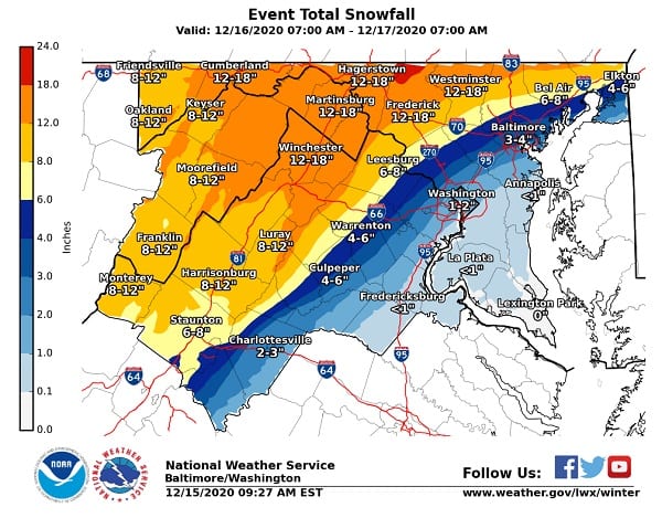 NWS Maryland Snowfall Forecast Map 20201215