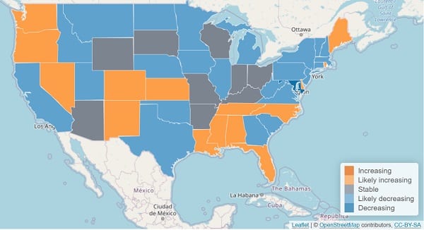 Centre for Mathematical Modeling of Infectious Diseases COVID USA Transmission Rate Map 20210424