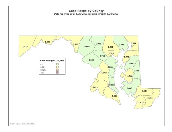 Maryland COVID-19 Case Rate by County 20210622