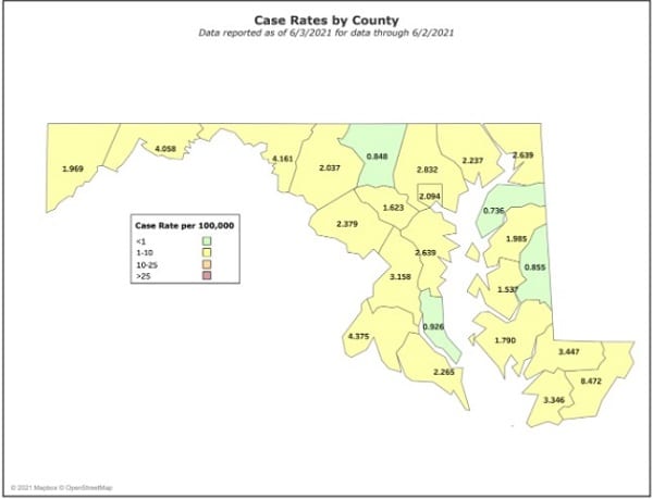 Maryland COVID-19 Case Rates by County 20210603