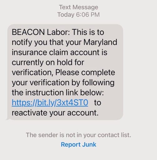 MD Labor Beacon Spam Unemployment SMS Text 20210713