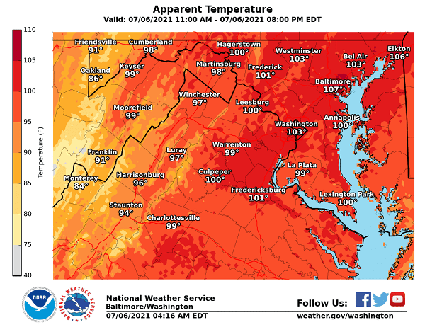 NWS Baltimore Heat Index 20210706