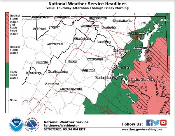 NWS Maryland Flash Flood Tropical Storm Watch 20210707