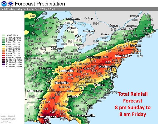 Hurricane Ida Rainfall Potential East Coast 20210830