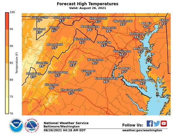 NWS Baltimore Forecast High Temp 20210826