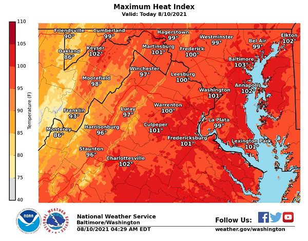 NWS Baltimore Heat Index 20210810