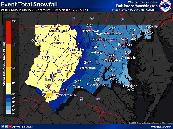 NWS Baltimore Snowfall Forecast 20220115