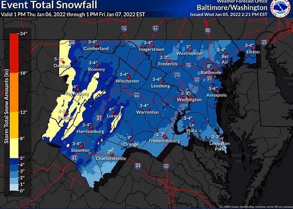 NWS Baltimore Snowfall Forecast Map 20220106