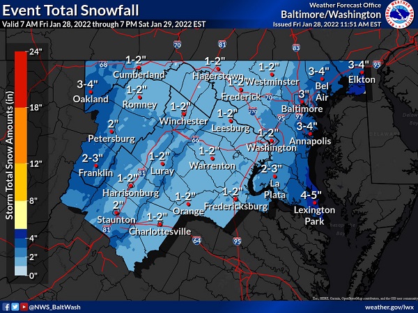 NWS Baltimore Snowfall Predictions 20220128