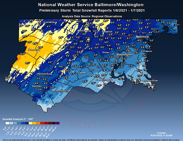 NWS Baltimore Storm Snow Totals 20220107