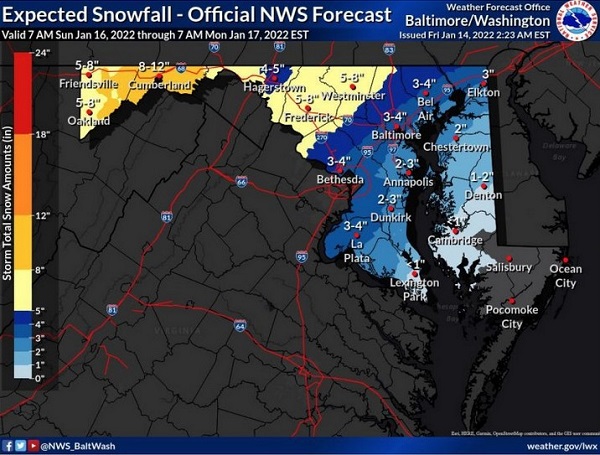 NWS Baltimore Winter Storm Snow Forecast 20220114