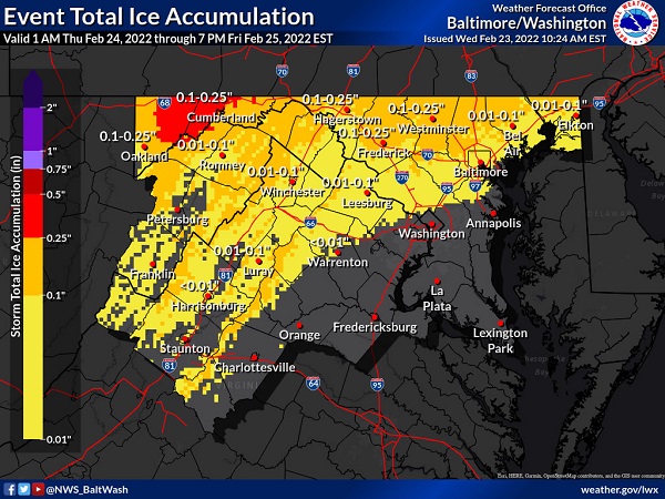 NWS Baltimore Total Ice Accumulation Forecast 20220223