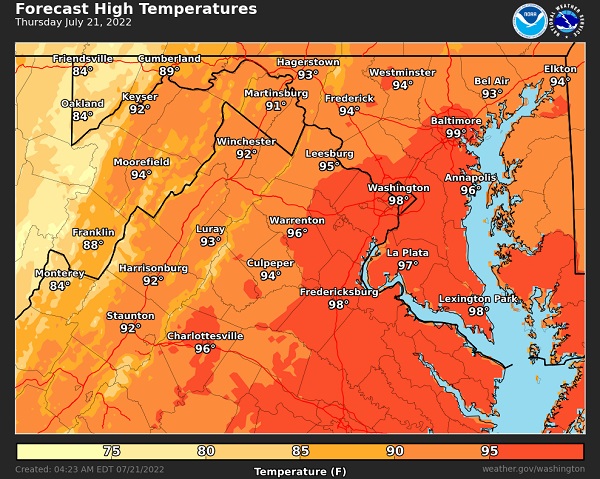 NWS Baltimore High Temperatures 20220721