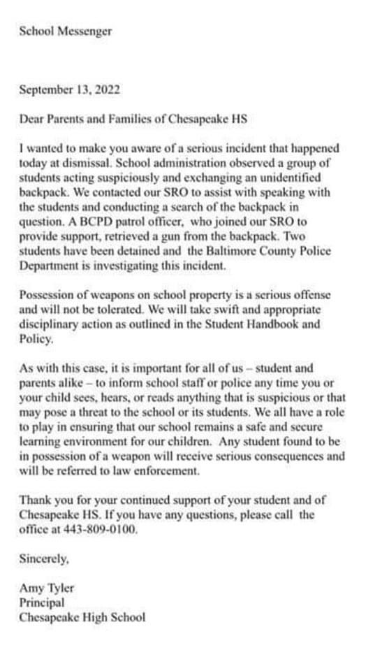 Chesapeake High School Essex MD Gun Letter 202209