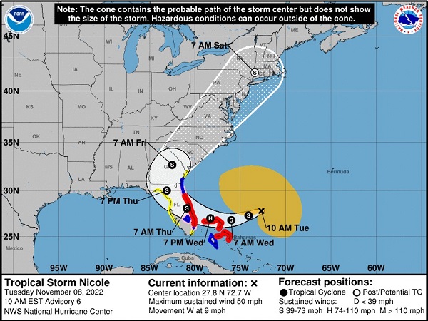 Tropical Storm Nicole Projected Path 20221108