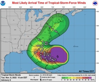 Tropical Storm Nicole Projected Path 20221108a