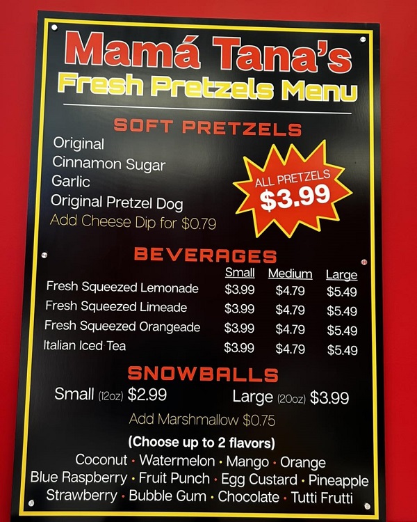 Mama Tana's Pretzel Menu