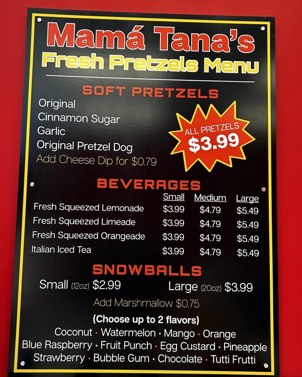 Mama Tana's Pretzel Menu