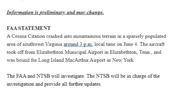 Virginia Plane Crash FAA 20230604