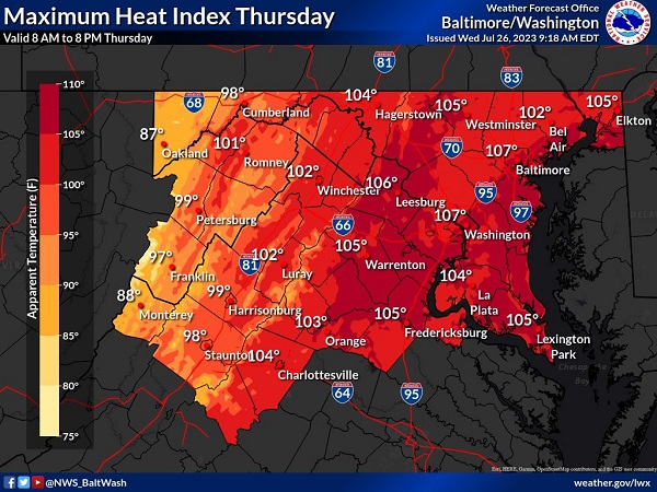 NWS Baltimore Heat Index Forecast 20230727