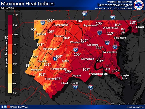 NWS Baltimore Heat Index Forecast 20230728