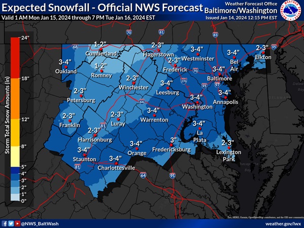 NWS Baltimore Snowfall Forecast 20240114