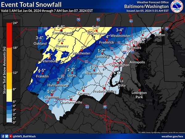 NWS Baltimore Snowfall Forecast Map 20240105