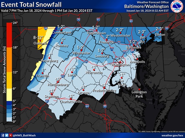 NWS Baltimore Snowfall Total Forecast 20240118