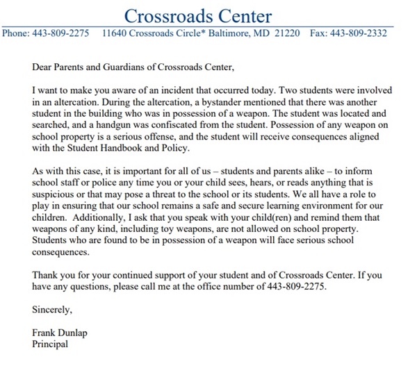 Crossroads Center Letter BCPS 20240404