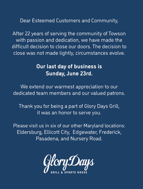 Glory Days Towson Closed