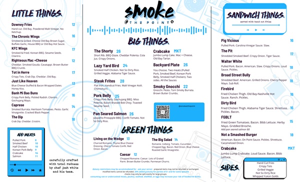 Smoke at The Point Dinner Menu