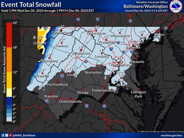 NWS Maryland Snow Total Prediction 20241204