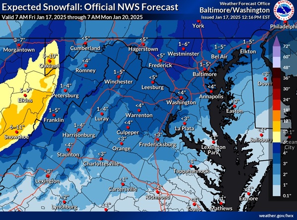 NWS Baltimore Snowfall Prediction Map 20250117