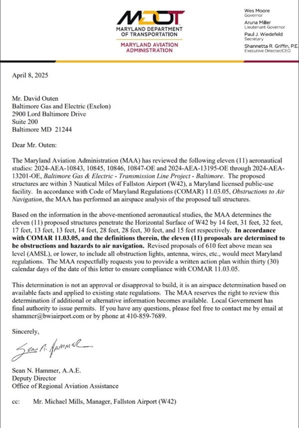 Maryland Aviation Administration Brandon Shores Letter 202504