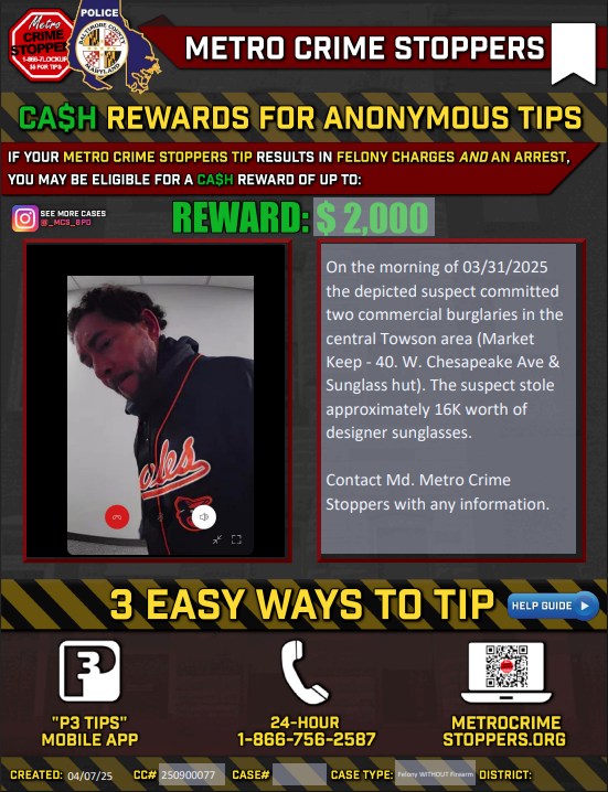 Towson Sunglasses Burglar MCS Flyer 20250331
